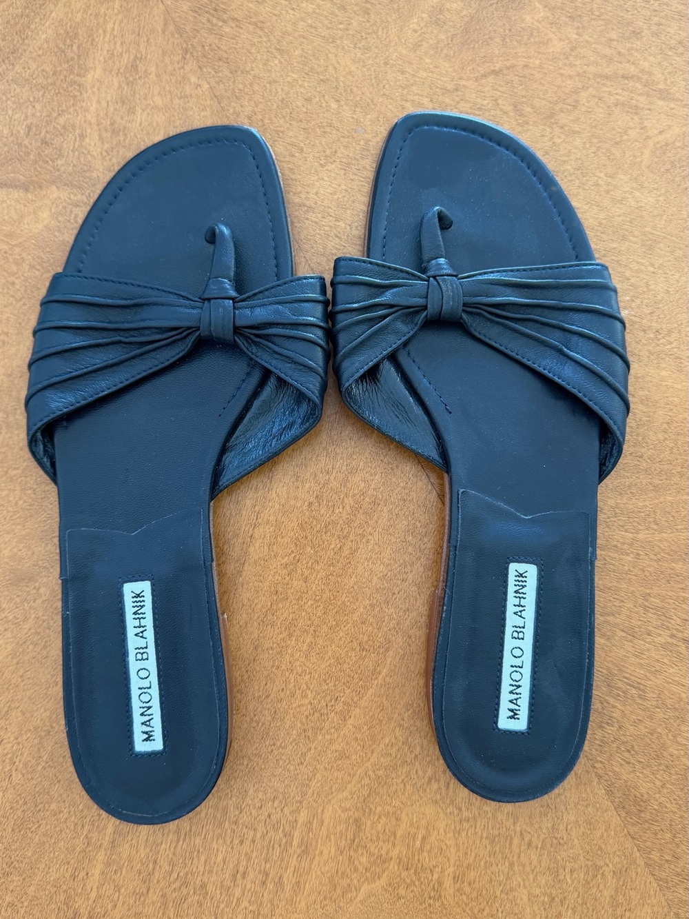 Manolo Blahnik Black Knotted Leather Toe-Ring Slide Sandals